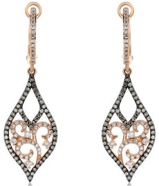 .90CT WHITE & MOCHA DIAMOND 14K ROSE GOLD 3D FILIGREE TEAR DROP HANGING EARRINGS