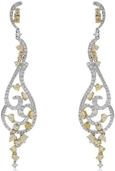 LARGE 5.83CT WHITE & FANCY YELLOW DIAMOND 18KT TWO TONE GOLD 3D HANGING EARRINGS