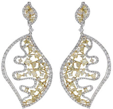 LARGE 9.40CT WHITE & FANCY YELLOW DIAMOND 14KT 2 TONE GOLD LEAF HANGING EARRINGS