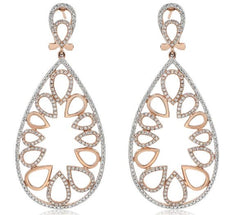 LARGE 2.34CT DIAMOND 14KT ROSE GOLD 3D FLOWER TEAR DROP CLIP ON HANGING EARRINGS