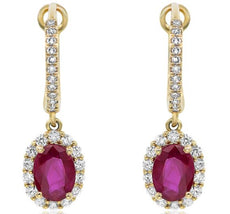 2.33CT DIAMOND & AAA RUBY 14KT YELLOW GOLD OVAL & ROUND FLOWER HANGING EARRINGS