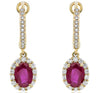 2.33CT DIAMOND & AAA RUBY 14KT YELLOW GOLD OVAL & ROUND FLOWER HANGING EARRINGS