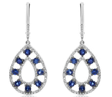 1.59CT DIAMOND & AAA SAPPHIRE 14KT WHITE GOLD ETOILE TEAR DROP HANGING EARRINGS