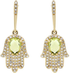 1.51CT DIAMOND & AAA PERIDOT 14K YELLOW GOLD LUCKY HAMSA CHAMSA HANGING EARRINGS