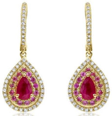 2.01CT DIAMOND & AAA RUBY & PINK SAPPHIRE 14KT YELLOW GOLD HALO HANGING EARRINGS