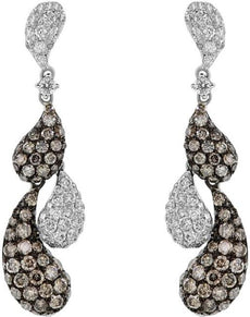 2.6CT WHITE & MOCHA DIAMOND 14K WHITE GOLD MULTI LEAF TEAR DROP HANGING EARRINGS