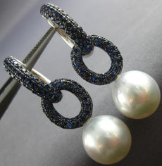 ESTATE LARGE 3.0CT AAA SAPPHIRE & AAA SOUTH SEA PEARL 18K WHITE GOLD 3D EARRINGS