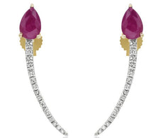 1.18CT DIAMOND & AAA RUBY 14KT YELLOW GOLD ROUND & PEAR SHAPE HANGING EARRINGS