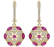 1.64CT DIAMOND & AAA RUBY 14KT YELLOW GOLD ROUND MARQUISE STAR OF DAVID EARRINGS