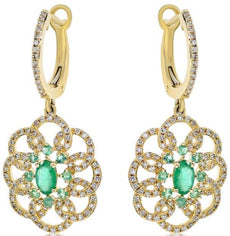 1.18CT DIAMOND & AAA EMERALD 14KT YELLOW GOLD 3D FLOWER CLIP ON HANGING EARRINGS