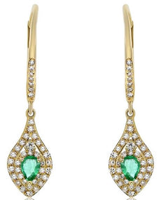 .61CT DIAMOND & AAA EMERALD 14KT YELLOW GOLD 3D OVAL TEAR DROP HANGING EARRINGS