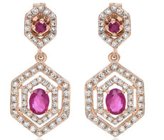 .73CT DIAMOND & AAA RUBY 14KT ROSE GOLD 3D OVAL & ROUND HEXAGON HANGING EARRINGS