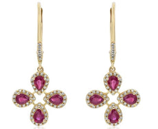 1.57CT DIAMOND & AAA RUBY 18KT YELLOW GOLD 3D PEAR SHAPE FLOWER HANGING EARRINGS