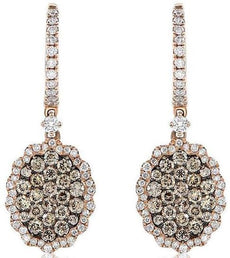 1.29CT WHITE & CHOCOLATE FANCY DIAMOND 14KT ROSE GOLD 3D OVAL HANGING EARRINGS