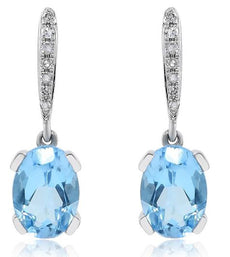 2.12CT DIAMOND & AAA BLUE TOPAZ 14K WHITE GOLD OVAL & ROUND FUN HANGING EARRINGS
