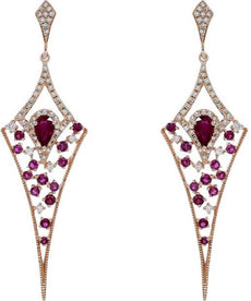 1.29CT DIAMOND & AAA RUBY 14KT ROSE GOLD 3D ROUND & PEAR SHAPE HANGING EARRINGS