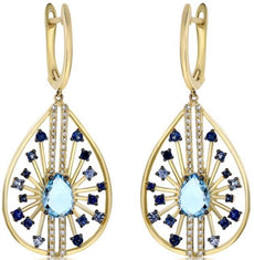 2.82CT DIAMOND & AAA BLUE TOPAZ & SAPPHIRE 14KT YELLOW GOLD 3D HANGING EARRINGS