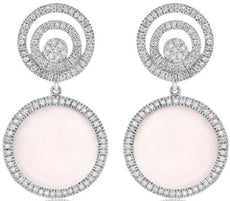 25.5CT DIAMOND & AAA PINK QUARTZ 14K WHITE GOLD CIRCULAR FLOWER HANGING EARRINGS
