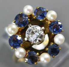 ANTIQUE .85CT OLD MINE DIAMOND AAA SAPPHIRE & PEARL 14K YELLOW GOLD RING #21998