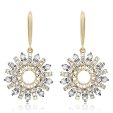 ESTATE .30CT DIAMOND 14KT YELLOW GOLD 3D SUNBURST FLOWER FUN HANGING EARRINGS