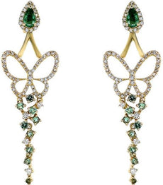 1.20CT DIAMOND & AAA EMERALD 14KT YELLOW GOLD BUTTERFLY CLUSTER HANGING EARRINGS