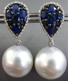 ESTATE LARGE 3.38CT DIAMOND AAA SAPPHIRE & SOUTH SEA PEARL 18KT GOLD 3D EARRINGS
