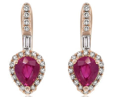 .84CT DIAMOND & RUBY 14KT ROSE GOLD PEAR SHAPE ROUND & BAGUETTE HANGING EARRINGS