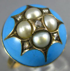 ANTIQUE WIDE ROSE CUT DIAMOND PEARL & BLUE ENAMEL 14K YELLOW GOLD STAR DOME RING