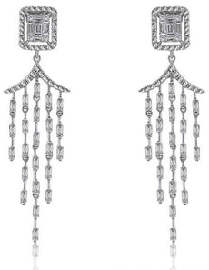 1.31CT DIAMOND 14KT WHITE GOLD 3D ROUND & BAGUETTE CHANDELIER HANGING EARRINGS