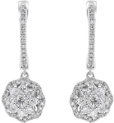 ESTATE .72CT DIAMOND 14KT WHITE GOLD 3D FLOWER HUGGIE HANGING EARRINGS