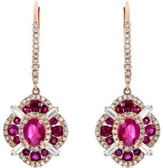 2.09CT DIAMOND & AAA RUBY 14KT ROSE GOLD OVAL & BAGUETTE FLOWER HANGING EARRINGS