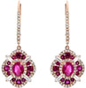 2.09CT DIAMOND & AAA RUBY 14KT ROSE GOLD OVAL & BAGUETTE FLOWER HANGING EARRINGS