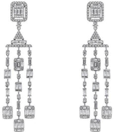 2.33CT DIAMOND 14KT WHITE GOLD 3D ROUND AND BAGUETTE CHANDELIER HANGING EARRINGS