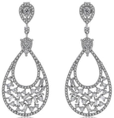 1.63CT DIAMOND 14KT WHITE GOLD 3D CLUSTER TEAR DROP FILIGREE HANGING EARRINGS