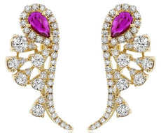 1.28CT DIAMOND & AAA RUBY 14KT YELLOW GOLD MULTI LEAF CLIP ON HANGING EARRINGS