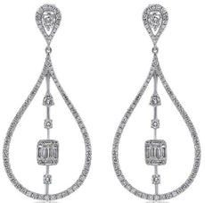 1.36CT DIAMOND 14KT WHITE GOLD 3D BAGUETTE CLUSTER TEAR DROP HANGING EARRINGS