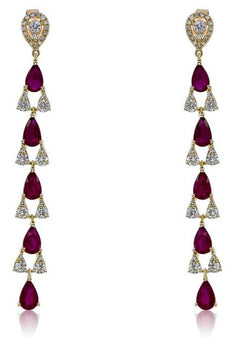 3.07CT DIAMOND & AAA RUBY 14KT YELLOW GOLD JOURNEY CHANDELIER HANGING EARRINGS