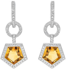 4.08CT DIAMOND & AAA CITRINE 14KT WHITE GOLD CIRCULAR PENTAGON HANGING EARRINGS