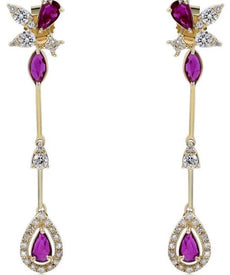 1.36CT DIAMOND & AAA RUBY 14KT YELLOW GOLD 3D PEAR SHAPE TEAR DROP LEAF EARRINGS