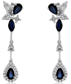 1.86CT DIAMOND & AAA SAPPHIRE 14K WHITE GOLD MULTI SHAPE FLOWER HANGING EARRINGS