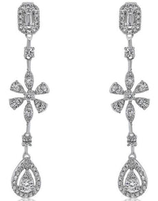 .88CT DIAMOND 14KT WHITE GOLD BAGUETTE CLUSTER FLOWER TEAR DROP HANGING EARRINGS