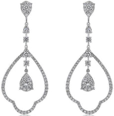 LARGE 1.49CT DIAMOND 14KT WHITE GOLD ROUND TEAR DROP CHANDELIER HANGING EARRINGS