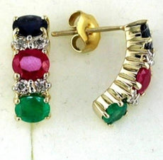 2.52CT DIAMOND & AAA SAPPHIRE RUBY & EMERALD 14K YELLOW GOLD 3D 3 STONE EARRINGS