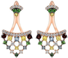1.10CT DIAMOND & AAA MULTI GEM 14K ROSE GOLD CLUSTER TRIANGULAR HANGING EARRINGS