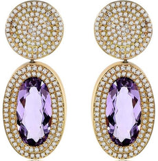 4.08CT DIAMOND & AAA AMETHYST 14KT YELLOW GOLD 3D OVAL CIRCULAR HANGING EARRINGS