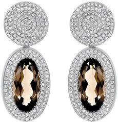4.40CT DIAMOND & AAA SMOKY TOPAZ 14KT WHITE GOLD OVAL CIRCULAR HANGING EARRINGS