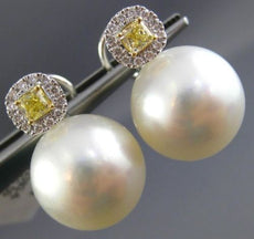 LARGE .72CT WHITE & FANCY YELLOW DIAMOND & AAA SOUTH SEA PEARL 18K GOLD EARRINGS