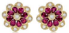 3.44CT DIAMOND & AAA RUBY 14K YELLOW GOLD FLOWER FILIGREE MILGRAIN STUD EARRINGS
