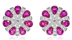 ESTATE 3.13CT DIAMOND & AAA RUBY 14KT WHITE GOLD 3D FLOWER STUD EARRINGS