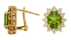 3.76CT DIAMOND AAA PERIDOT 14KT YELLOW GOLD OVAL FLOWER CLIP ON HANGING EARRINGS